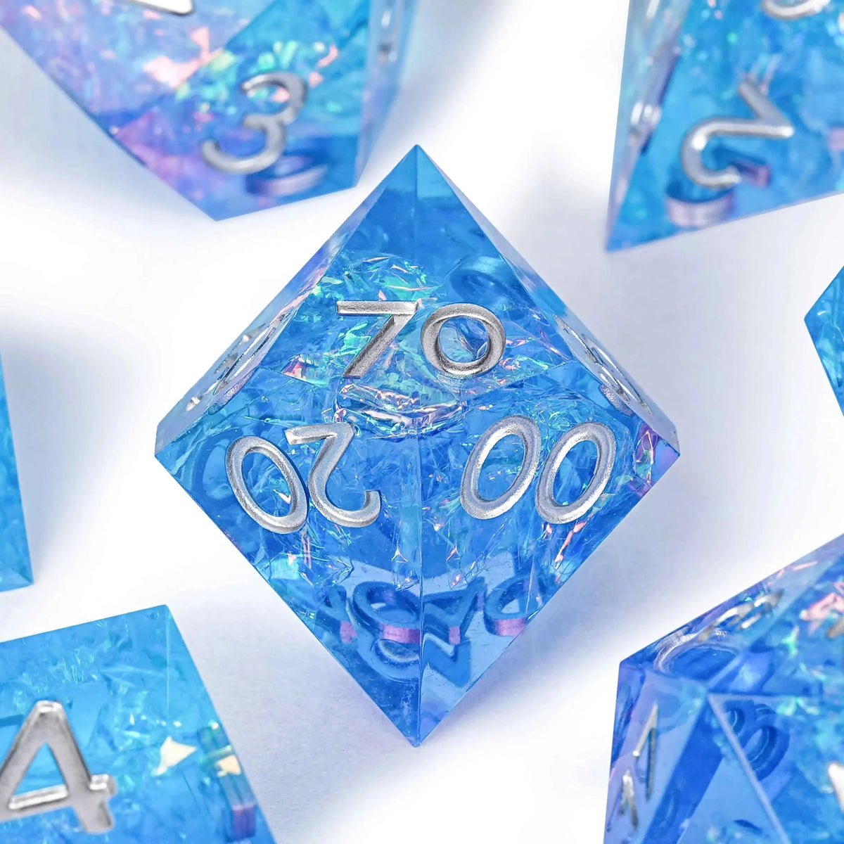 Iceberg Glitter Resin Sharp Edge Dice Set – Pink blue iceberg glitter sharp edge DND resin dice set + silver font