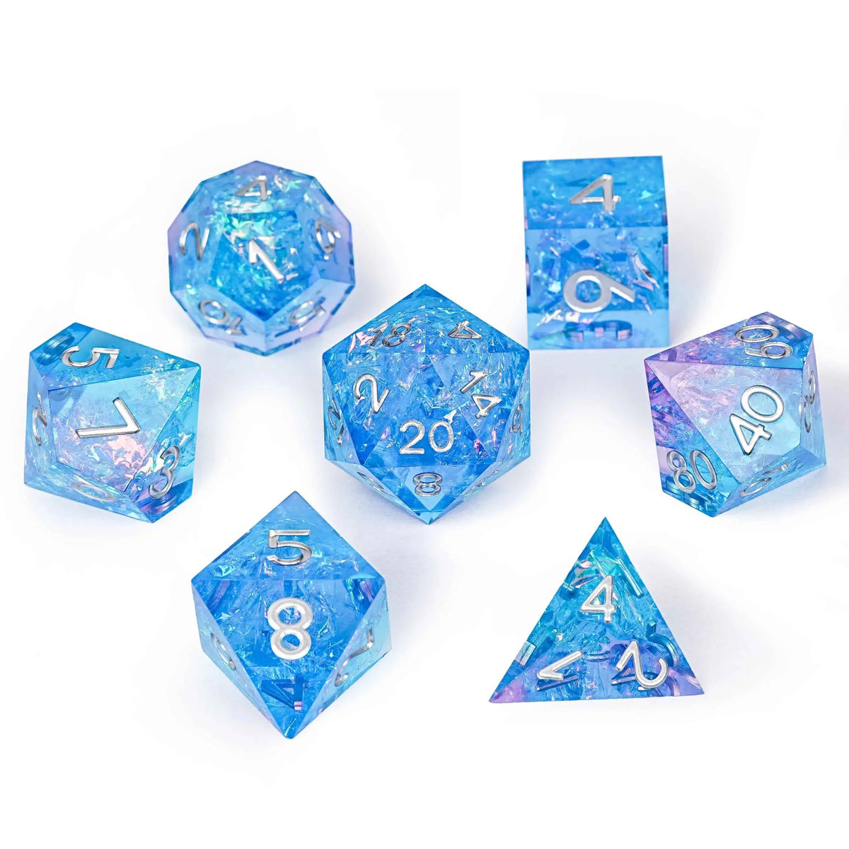 Iceberg Glitter Resin Sharp Edge Dice Set – Pink blue iceberg glitter sharp edge DND resin dice set + silver font