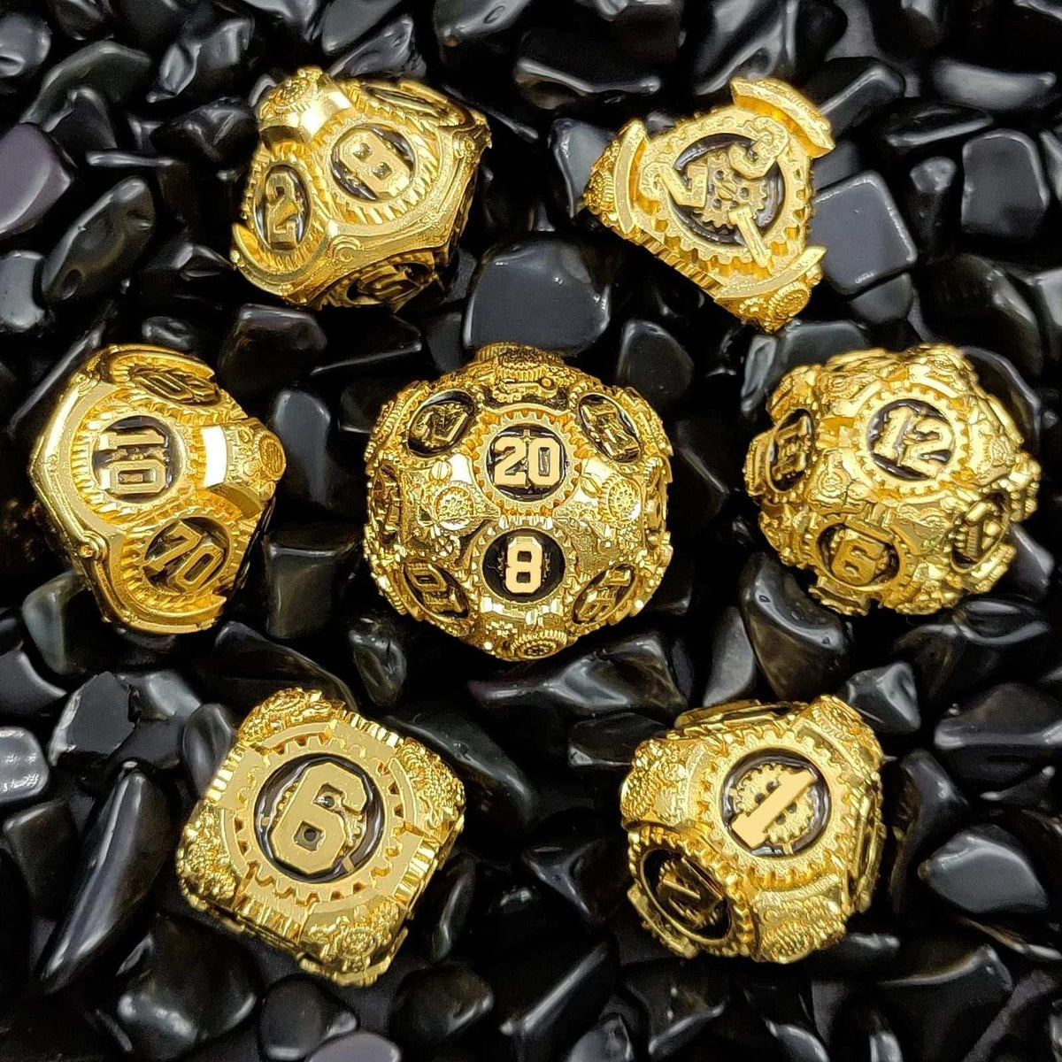 Imitation Metal DND Dice Set – Gold Gear Imitation Gold Black Solid Metal dnd Dice Set