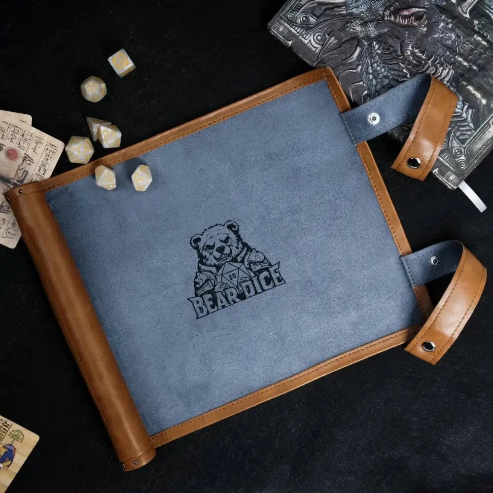 Integrated Pad Dice Tray – Leather – One-piece brown leather padded tray roll-type DND dice box with customizable logo