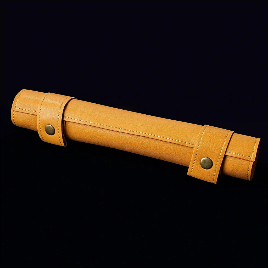 Integrated Pad Dice Tray – Leather – Orange leather dice mat, tray, and reel zippered dice bag with two orange button