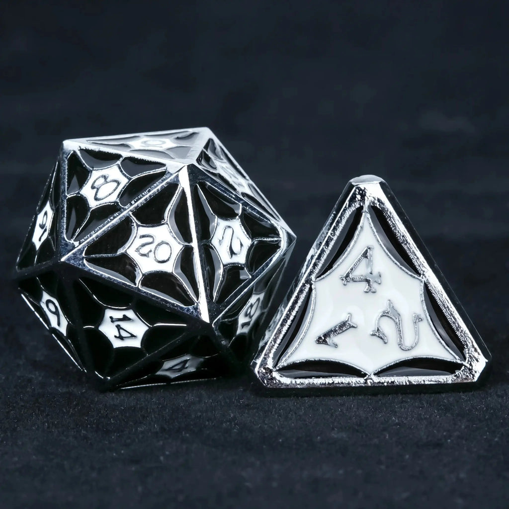 Interstellar Series Metal DND Dice Set – Black and white metallic DND D20 and D4 dice from the StarCraft series