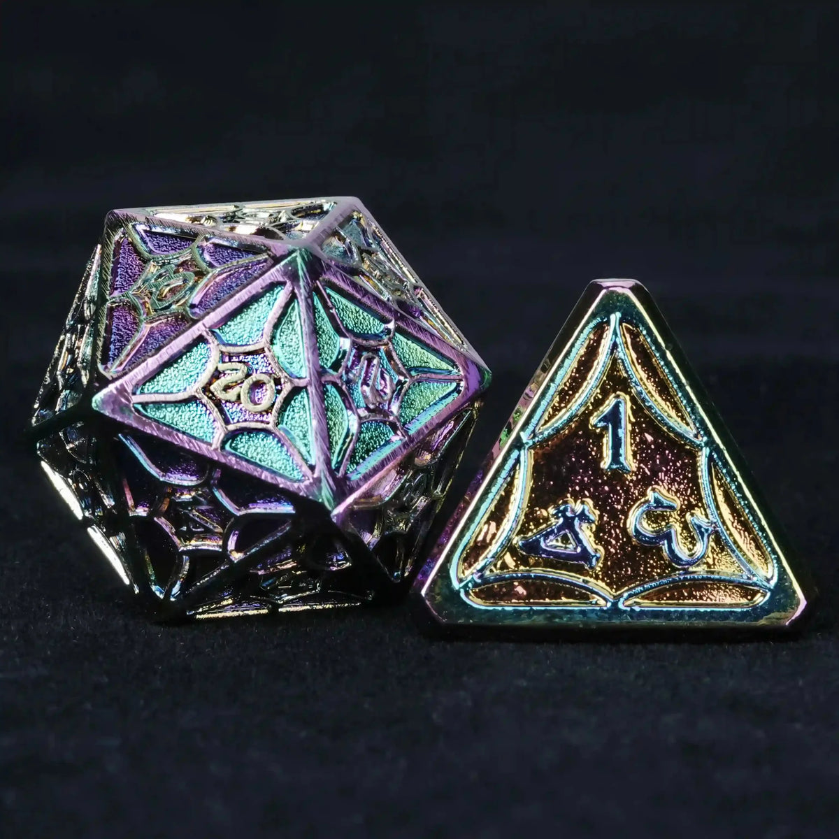 Interstellar Series Metal DND Dice Set – Color-plated metallic DND D20 and D4 dice from the Star Series