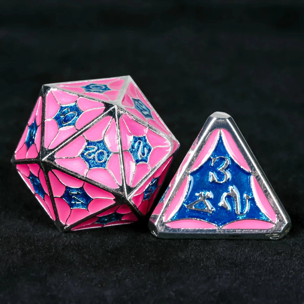 Interstellar Series Metal DND Dice Set – Light blue and pink metallic DND D20 and D4 dice from the StarCraft series
