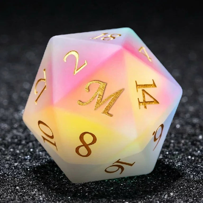 Iridescent Glass DND Dice Set – Custom-made, personalized, iridescent prism glass dice, engraved with text, symbols