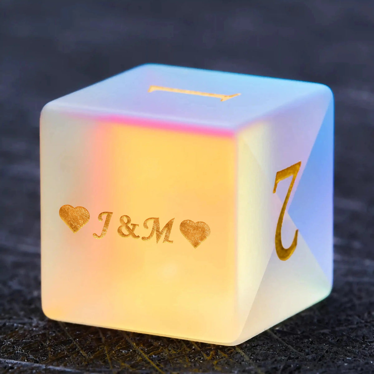 Iridescent Glass DND Dice Set – Customized Personalized Dice - Custom iridescent prism glass dice, engraved with text