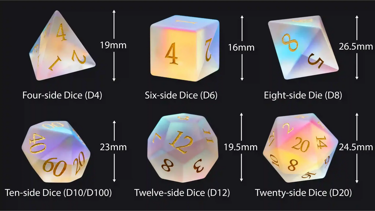 Iridescent Glass DND Dice Set – DND Iridescent Prism Glass Dice Set Dimensions: D4≈19mm; D6≈16mm; D8≈26mm; D10/D%≈23mm