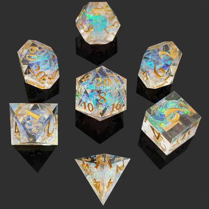 Iridescent Glow Resin DND Dice Set – Transparent Resin Dice Set with Iridescent Glow