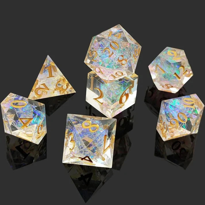 Iridescent Glow Resin DND Dice Set – Transparent Resin Dice Set with Iridescent Glow