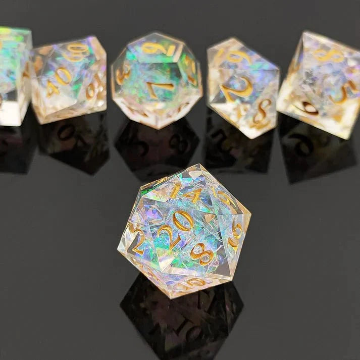 Iridescent Glow Resin DND Dice Set – Transparent Resin Dice Set with Iridescent Glow