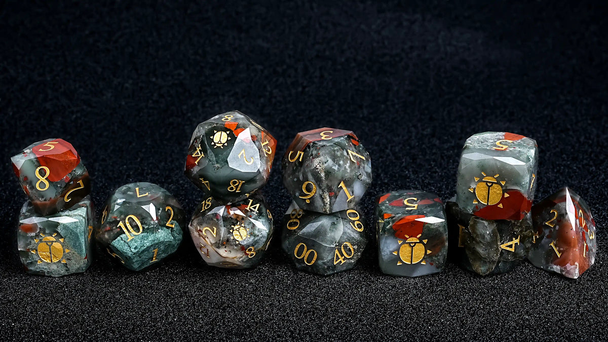 Khepri's Blessing Natural Stone DND Dice Set – 11-Piece Bloodstone Polyhedral Dice Set — Natural Stone Dice Engraved