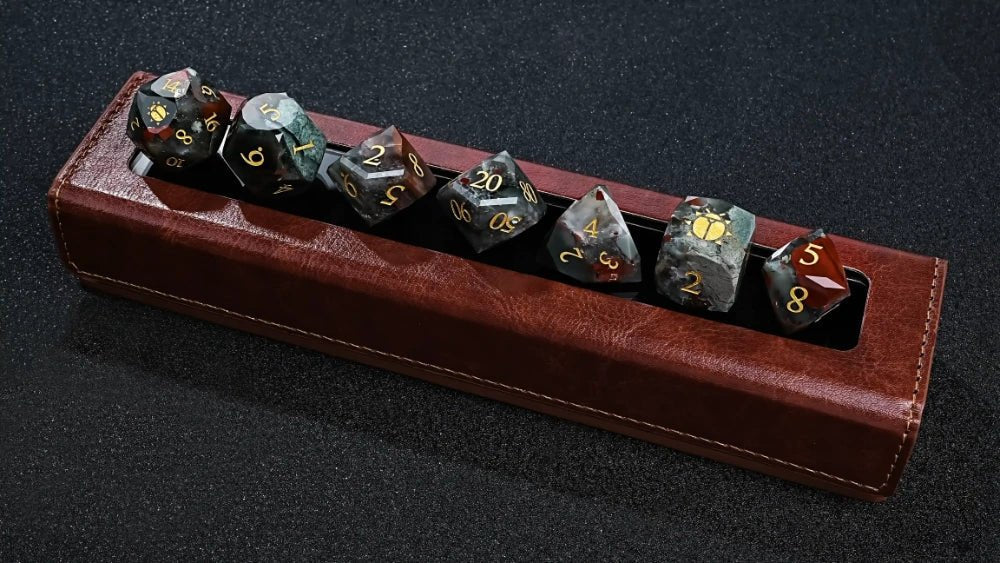 Khepri's Blessing Natural Stone DND Dice Set – Natural Bloodstone DND Dice Set, engraved with Scarab Pattern, comes