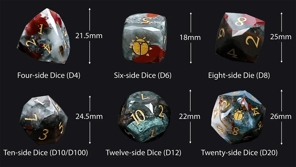 Khepri's Blessing Natural Stone DND Dice Set – Natural Bloodstone DND Dice Set, engraved with scarab pattern - Sizes
