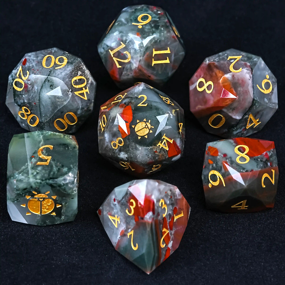 Khepri's Blessing Natural Stone DND Dice Set – Natural Bloodstone DND Gemstone Dice Set, featuring shapes from D4 to