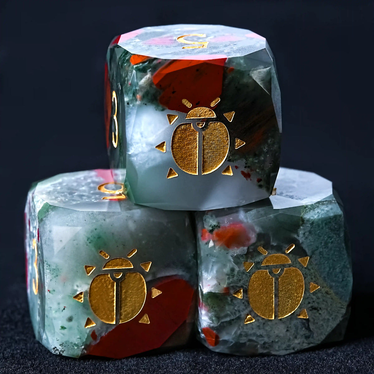 Khepri's Blessing Natural Stone DND Dice Set – Kickstarter Dice - Natural Bloodstone DND Gemstone Dice Set - Khepri's