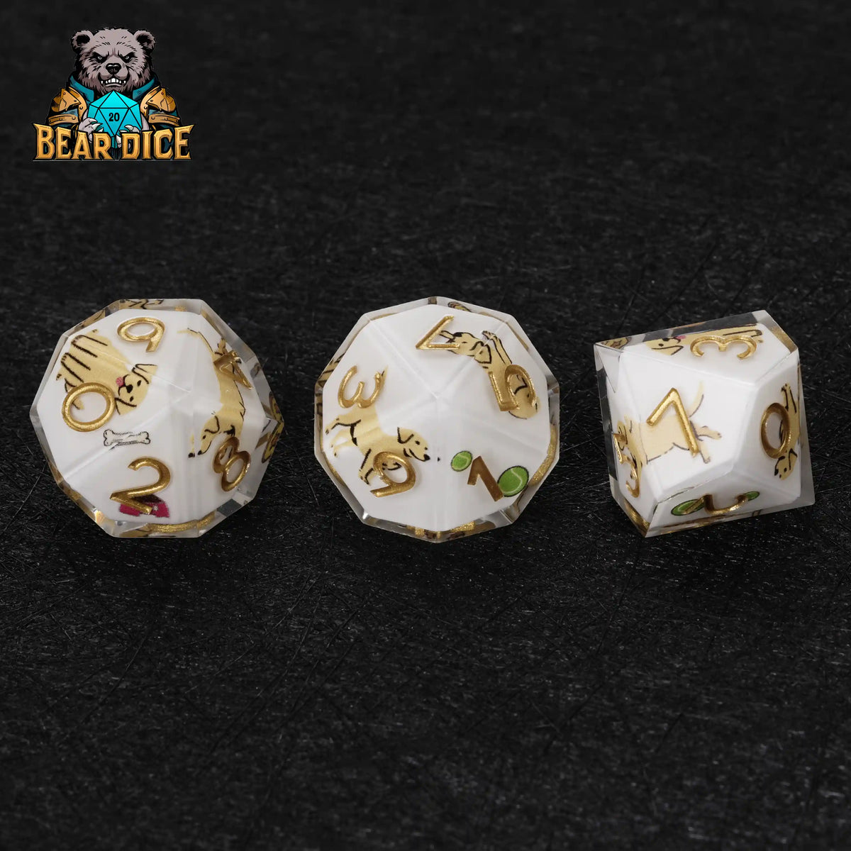 Labrador Resin D10 Dice Set – Gold Numbers – Close-up of Labrador White Resin D10 die showing sculpted Labrador design