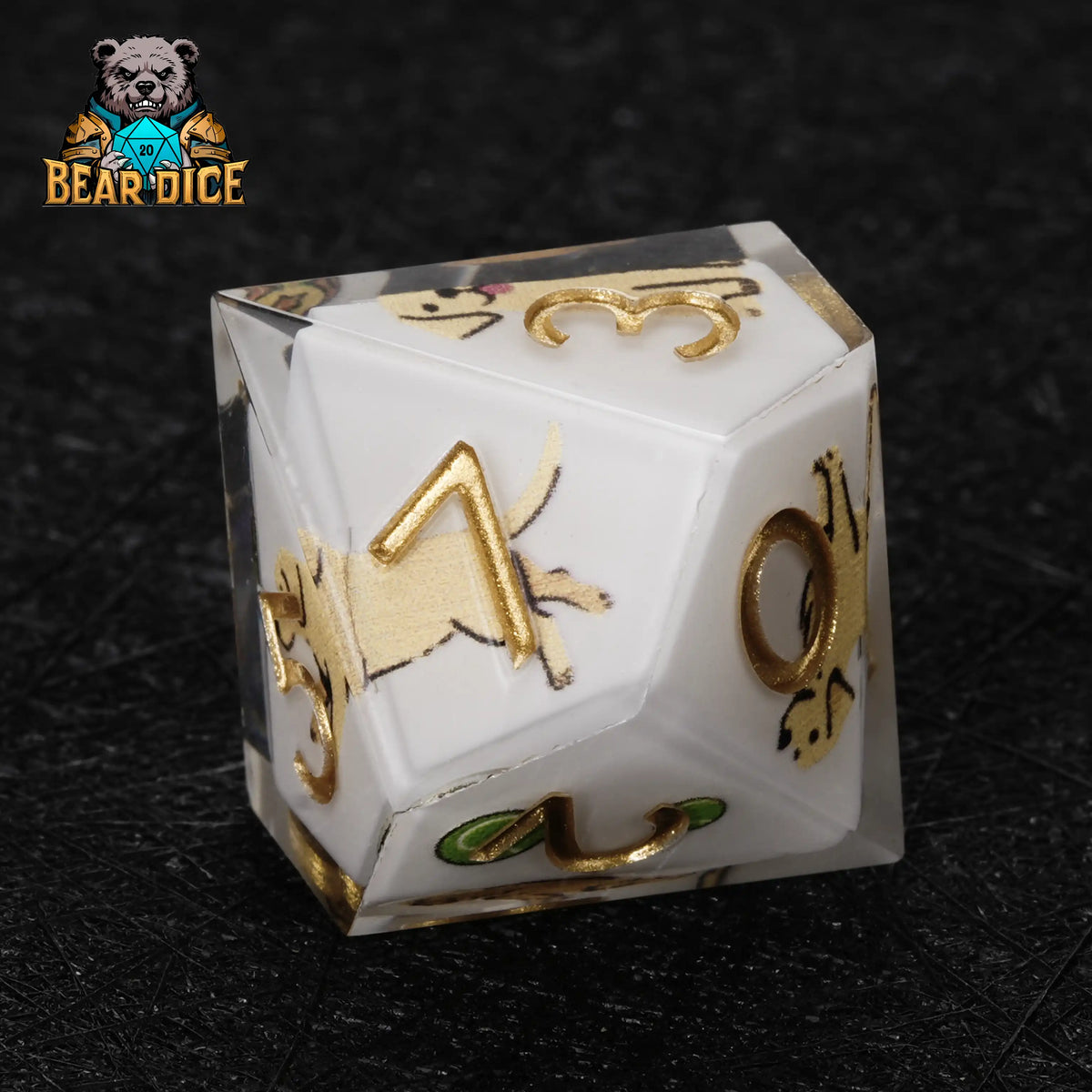 Labrador Resin D10 Dice Set – Gold Numbers – Close-up of a Labrador White Resin D10 die showing gold numerals and