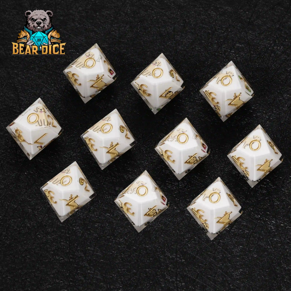 Labrador Resin D10 Dice Set – Gold Numbers – Top view of 1 Labrador White Resin D10 Dice with gold numerals, 10-sided