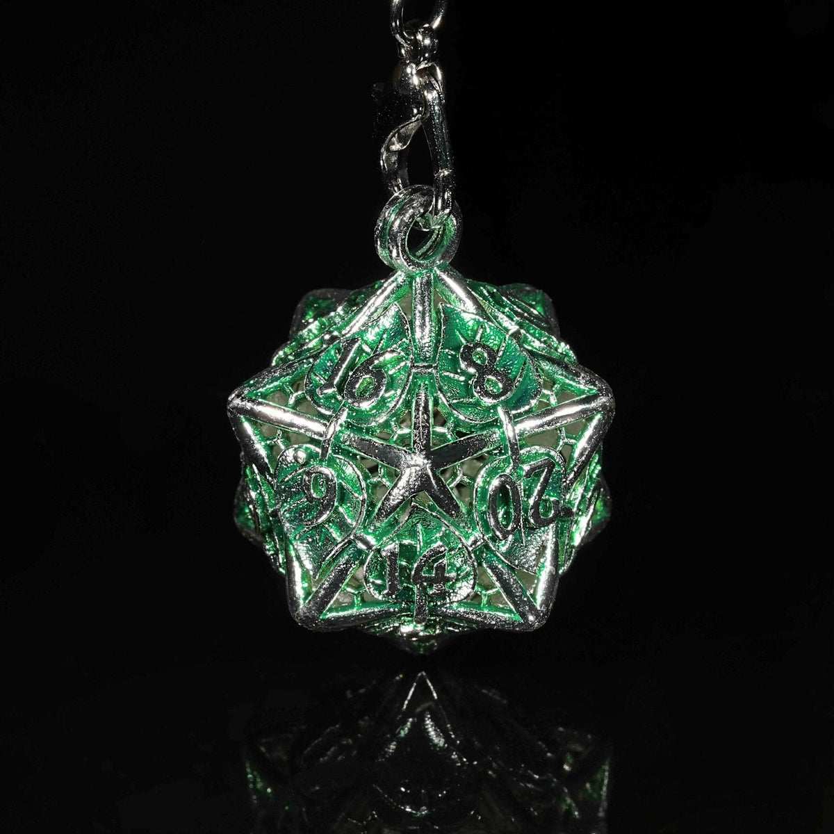 Leaf Cage Metal D20 Dice Set – Green Leaf Hollow Metal D20 Dice Cage Necklace + 7 Metal Mini Dice Set