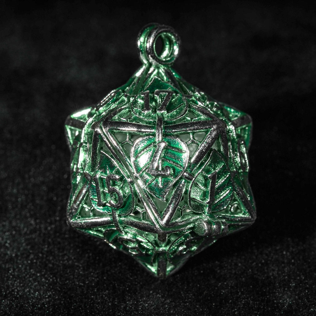 Leaf Cage Metal D20 Dice Set – Green Leaf Hollow Metal D20 Dice Cage Necklace + 7 Metal Mini Dice Set