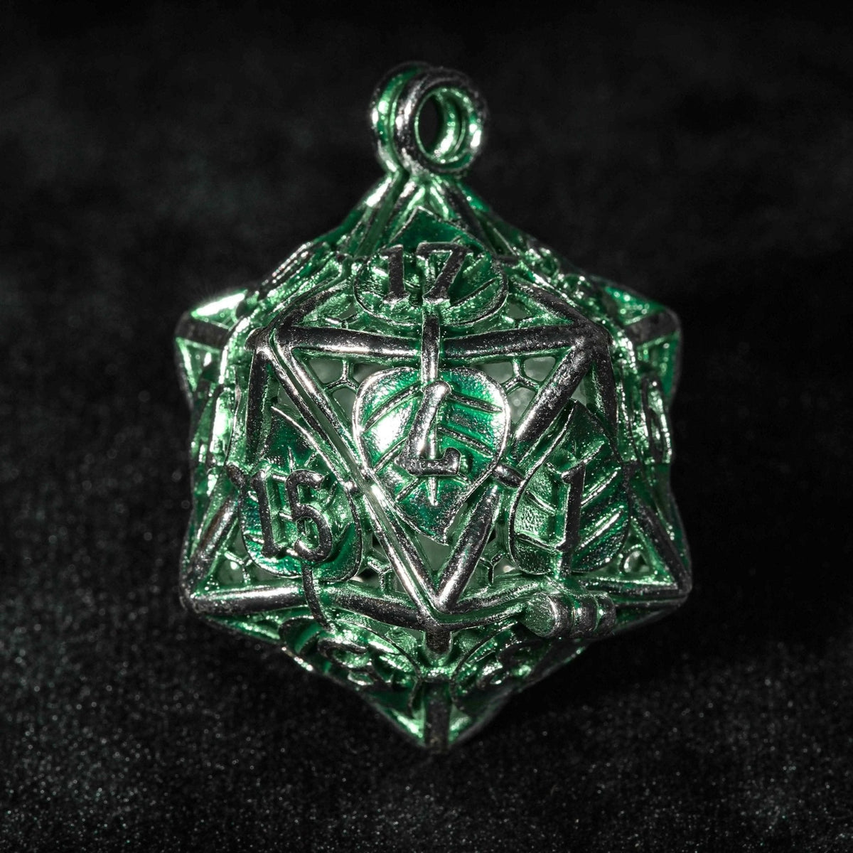 Leaf Cage Metal D20 Dice Set – Green Leaf Hollow Metal D20 Dice Cage Necklace + 7 Metal Mini Dice Set