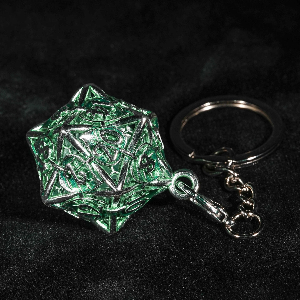 Leaf Cage Metal D20 Dice Set – Green Leaf Hollow Metal D20 Dice Cage Necklace + 7 Metal Mini Dice Set