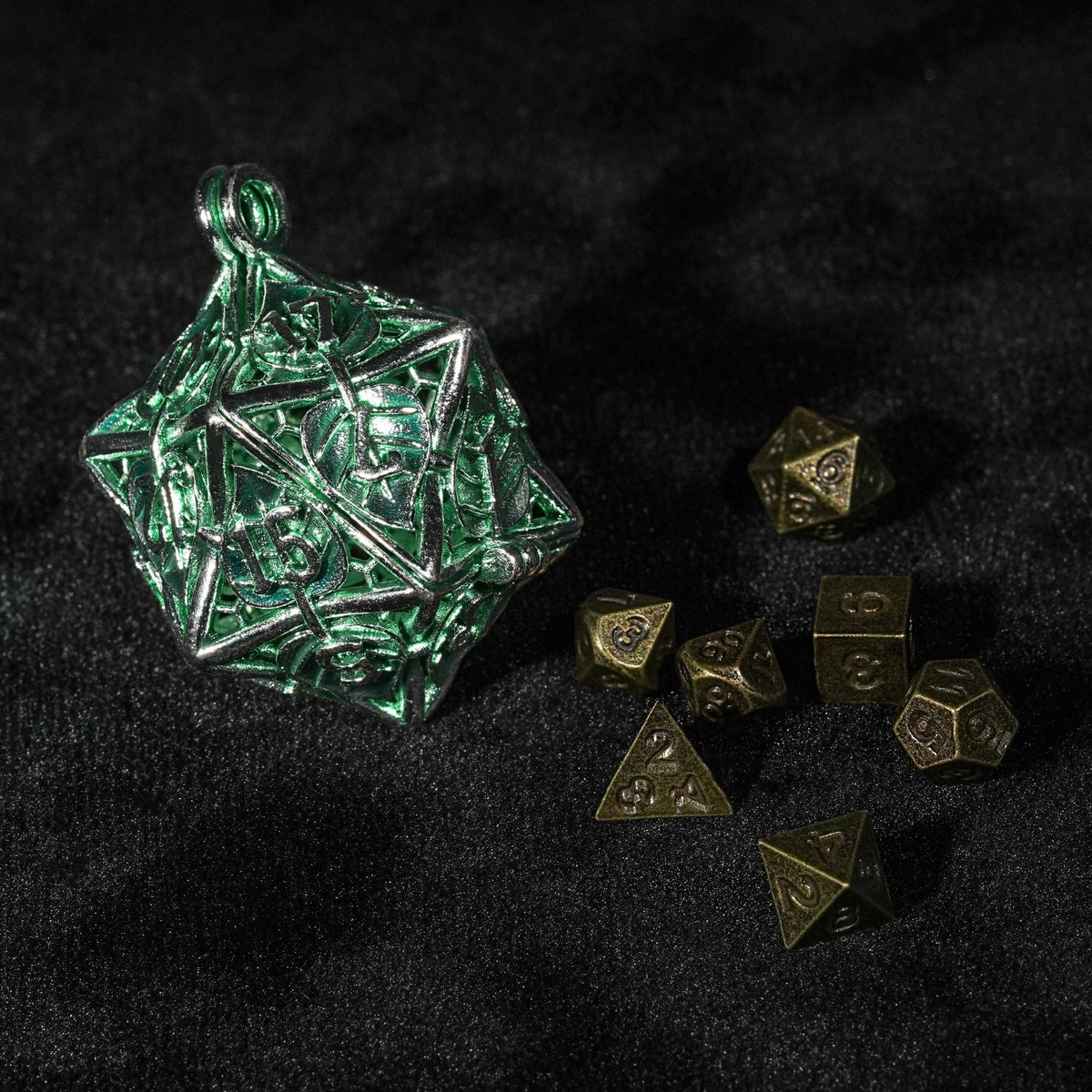 Leaf Cage Metal D20 Dice Set – Green Leaf Hollow Metal D20 Dice Cage Necklace + 7 Metal Mini Dice Set