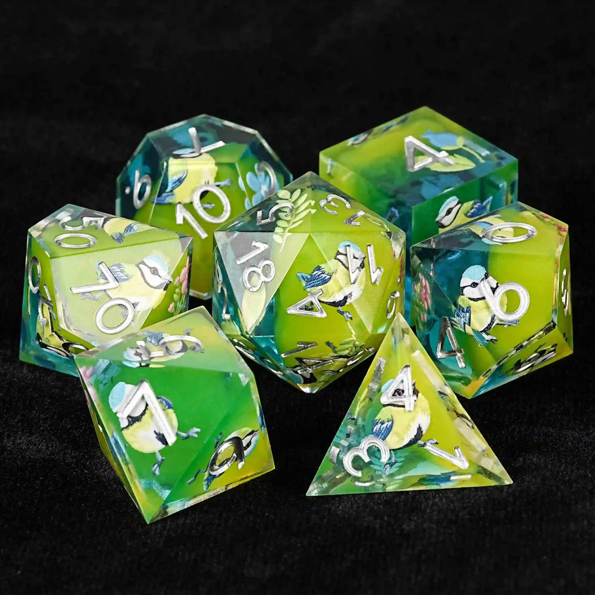Leaf Little Resin DND Dice Set – Green Bird Element Clear Resin DND Dice Set
