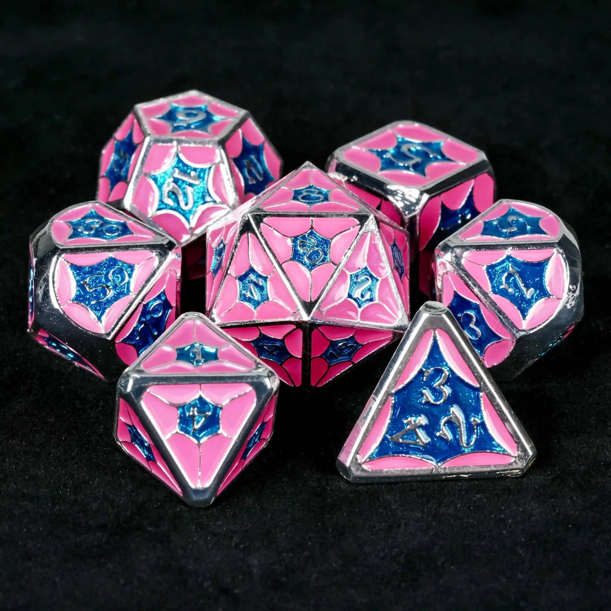 Interstellar Series Metal DND Dice Set – Light blue and pink metallic interstellar series DND dice set