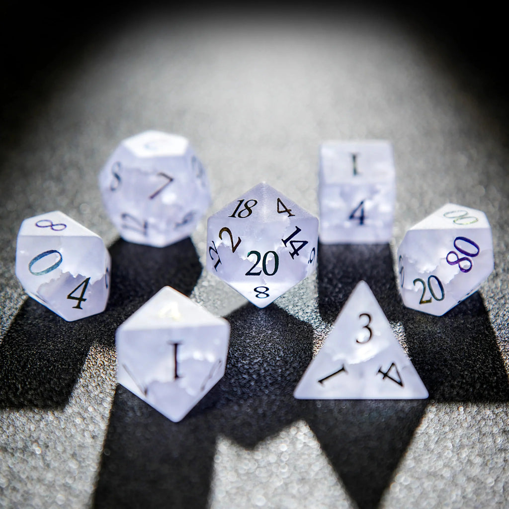 Light Frosted Gemstone DND Dice Set – Light Purple Frosted Crystal DND Dice Set + Colorful Numbers