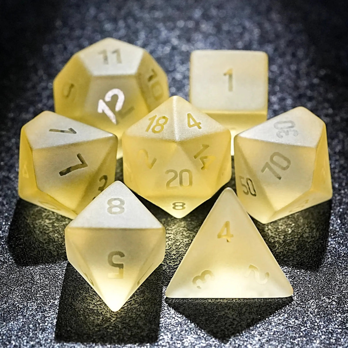Light Soft Gemstone RPG Dice Set – Light yellow gummy frosted and smooth gemstone dice set