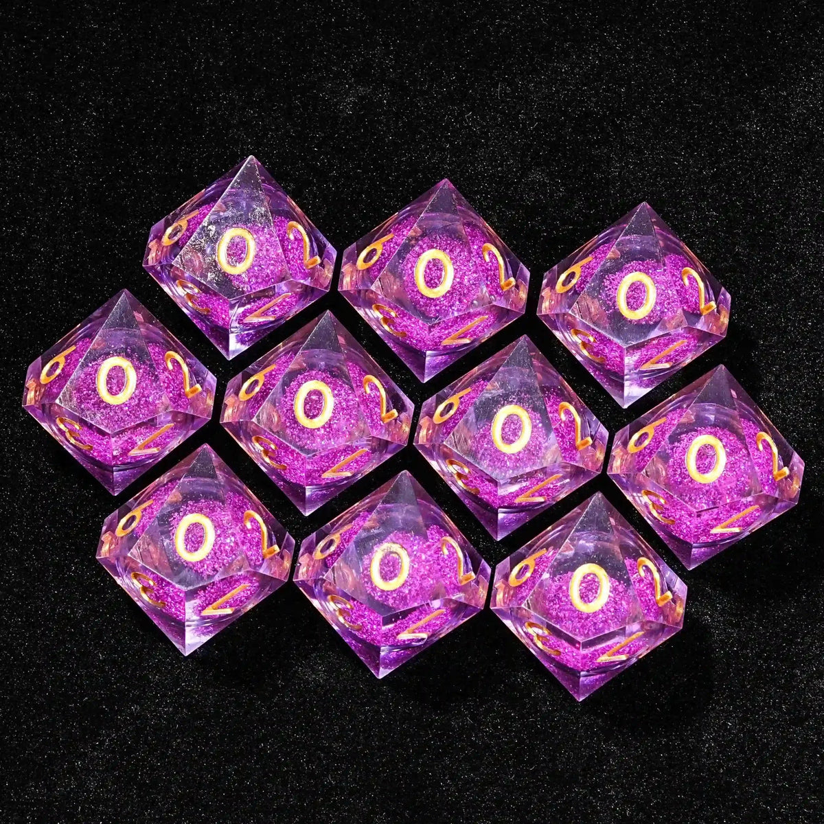 Liquid Core Liquid Core D10 Dice Set – Purple Quicksand Liquid Core Resin 10xD10 Dice Set with gold numbers arranged