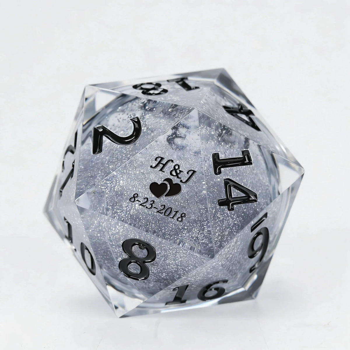 Liquid Core D20 Dice Set – Custom Giant Dice - Custom giant D20 dice, 35mm personalized silver liquid core D20 dice