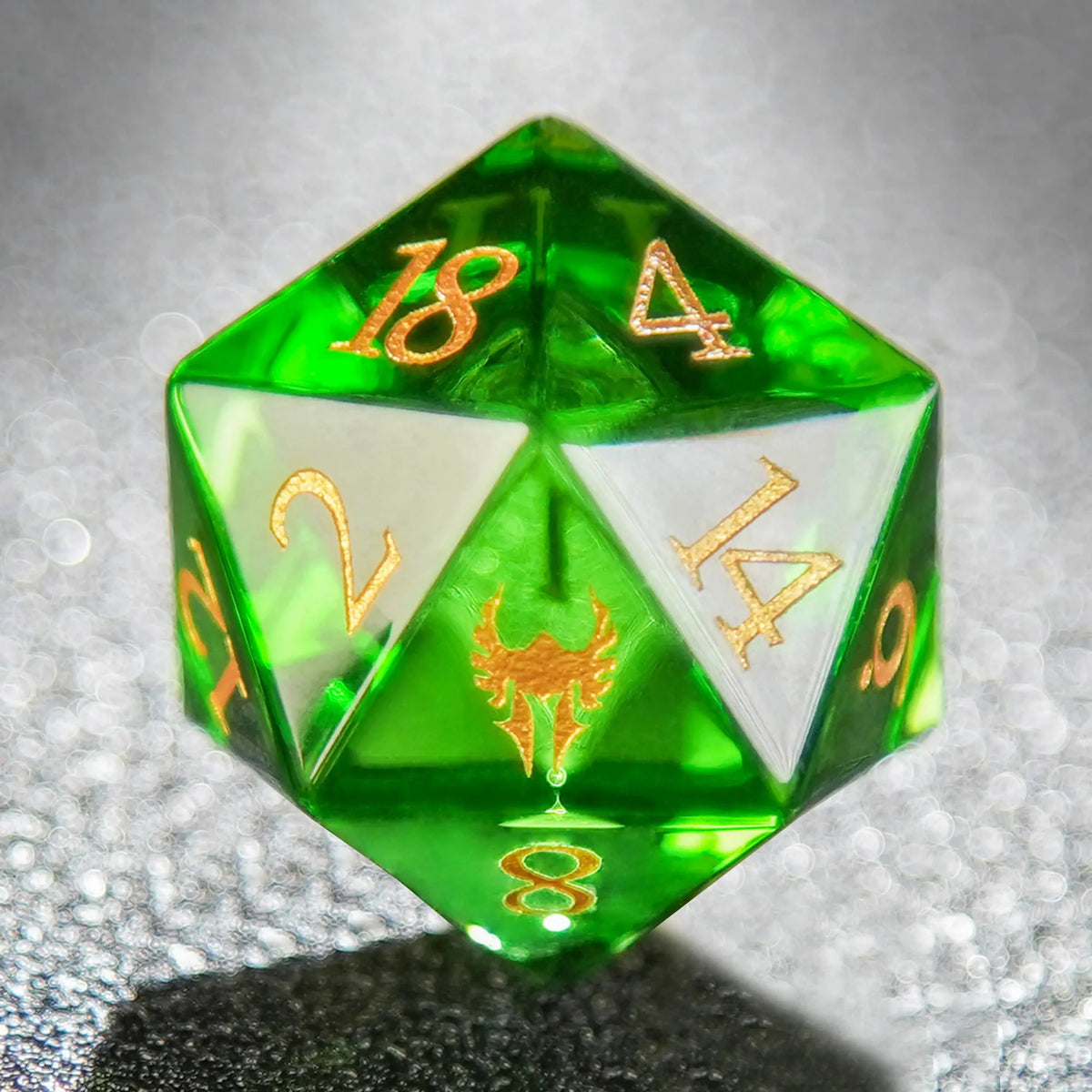 Liquid Core D20 Dice Set – Green Dragon Shadow Natural DND Gemstone Dice Set + Gold Numbers