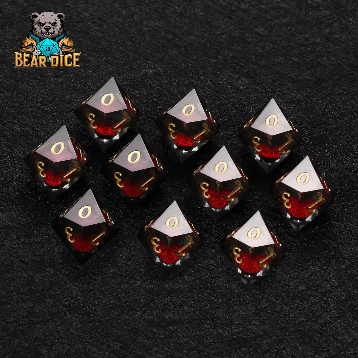 Liquid Core Dice Set – Gold Numbers – Ten Vampire Red Liquid D10 dice set with gold numbers in black velvet pouch for