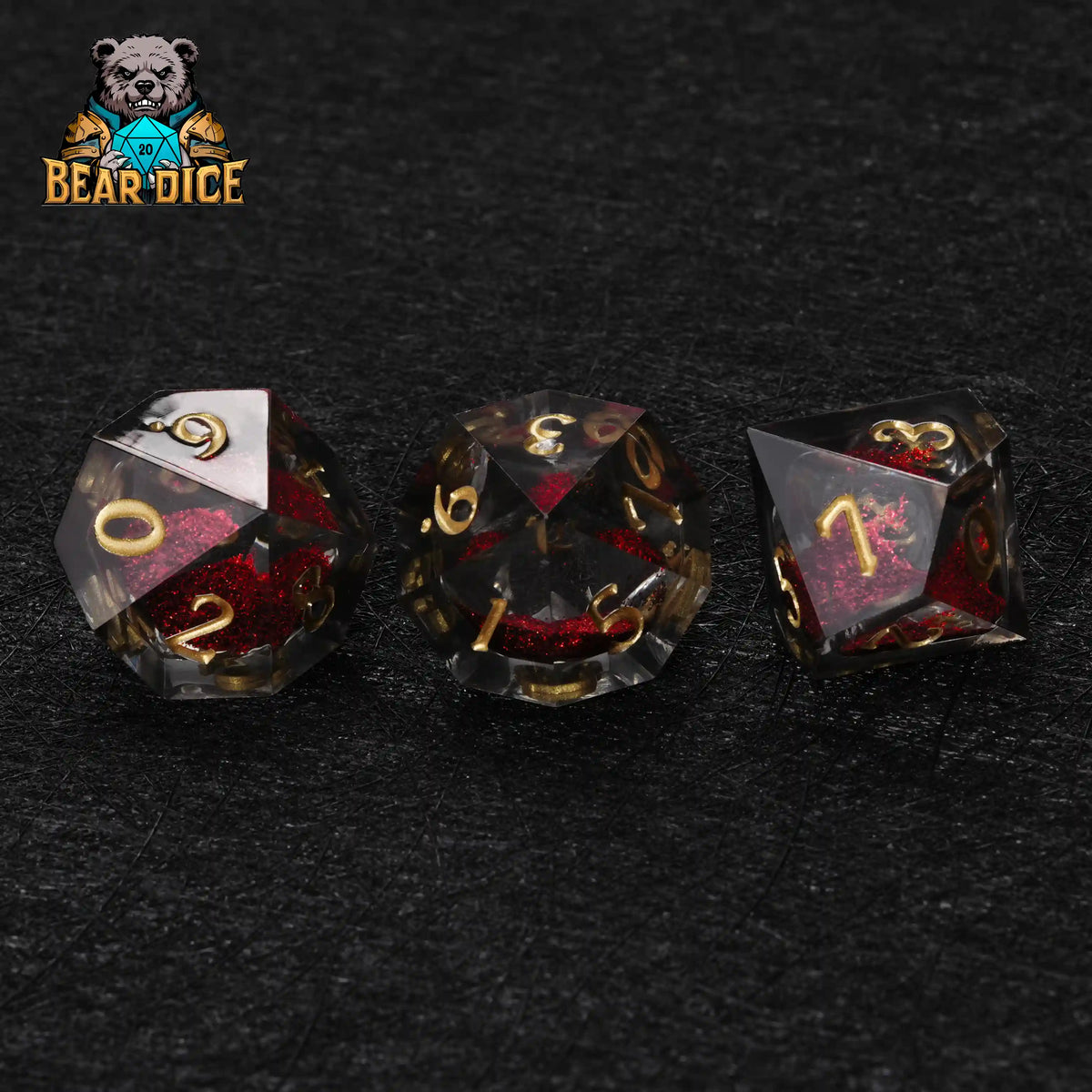 Liquid Core Dice Set – Gold Numbers – Three Vampire Red Liquid D10 dice with gold numbers in black velvet pouch for