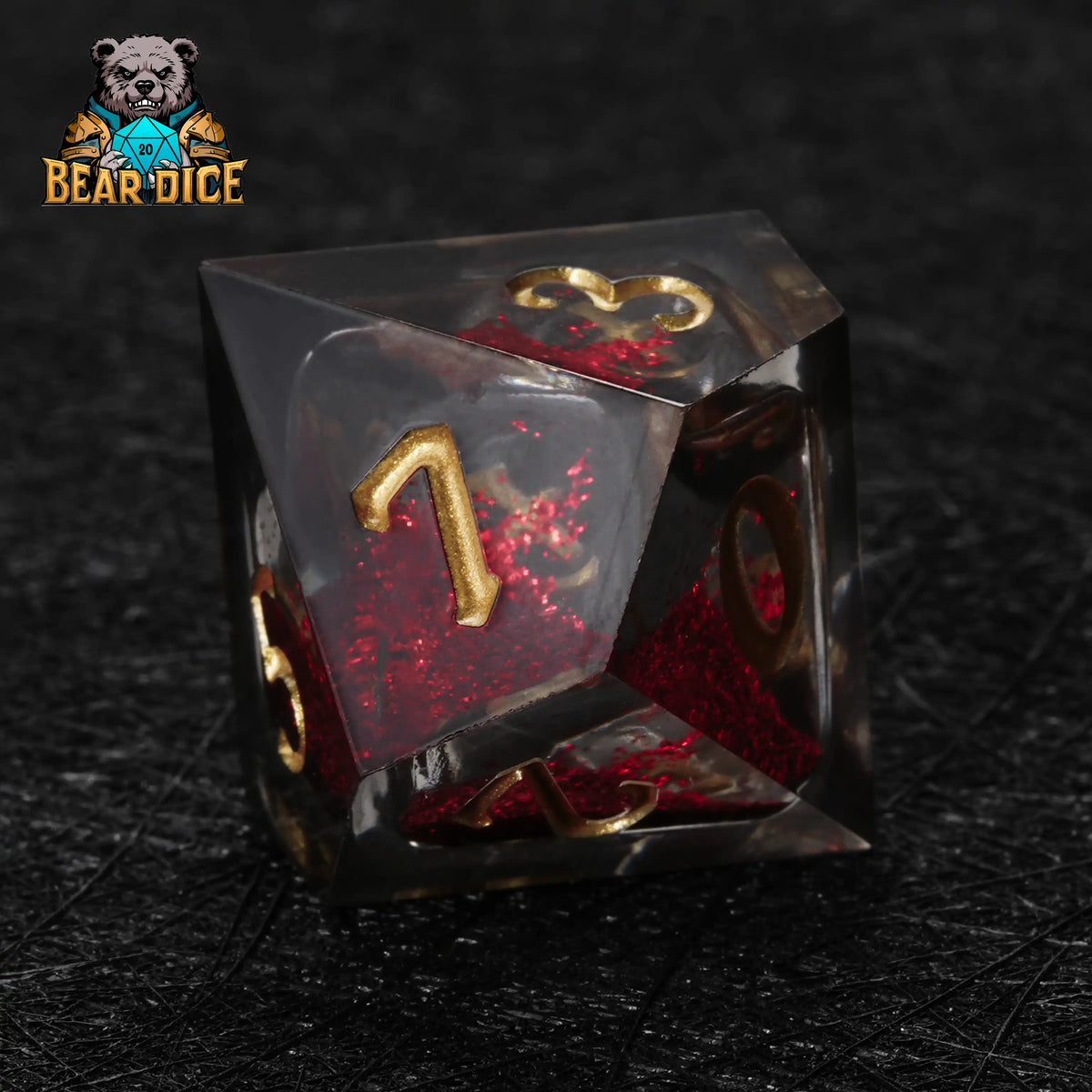Liquid Core Dice Set – Gold Numbers – Vampire Red Liquid D10 Dice single pack with gold numbers in black velvet pouch