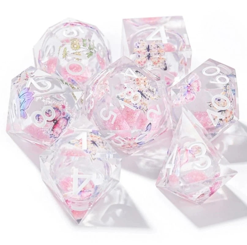 Liquid Core Liquid Core Dice Set – Quicksand Butterfly – Dreamland Series – Pink Quicksand Butterfly Resin Dice Set