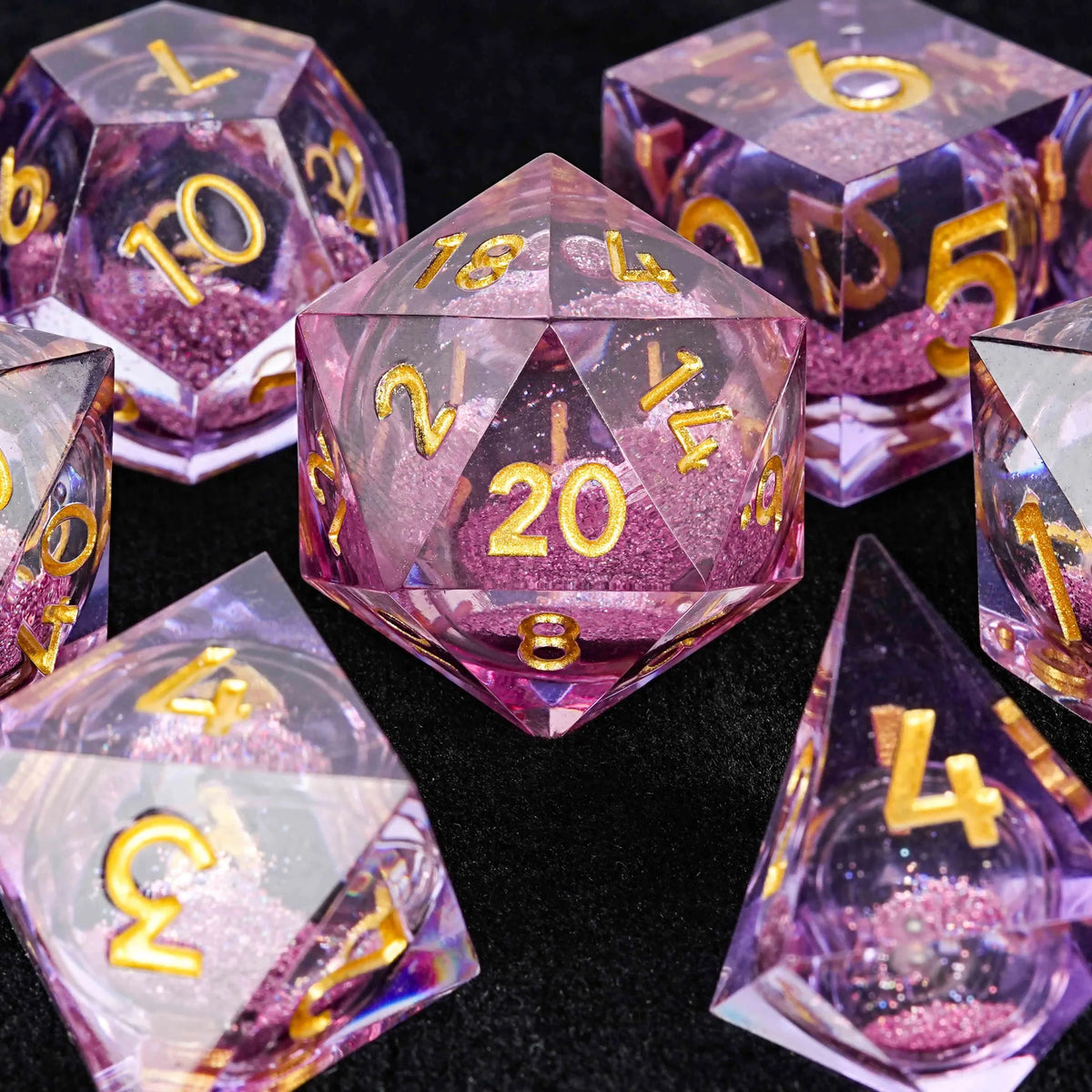 Liquid Core Liquid Core Dice Set – Quicksand – Sharp Edge Purple Quicksand Liquid Core Resin DND Dice Set with Gold Font