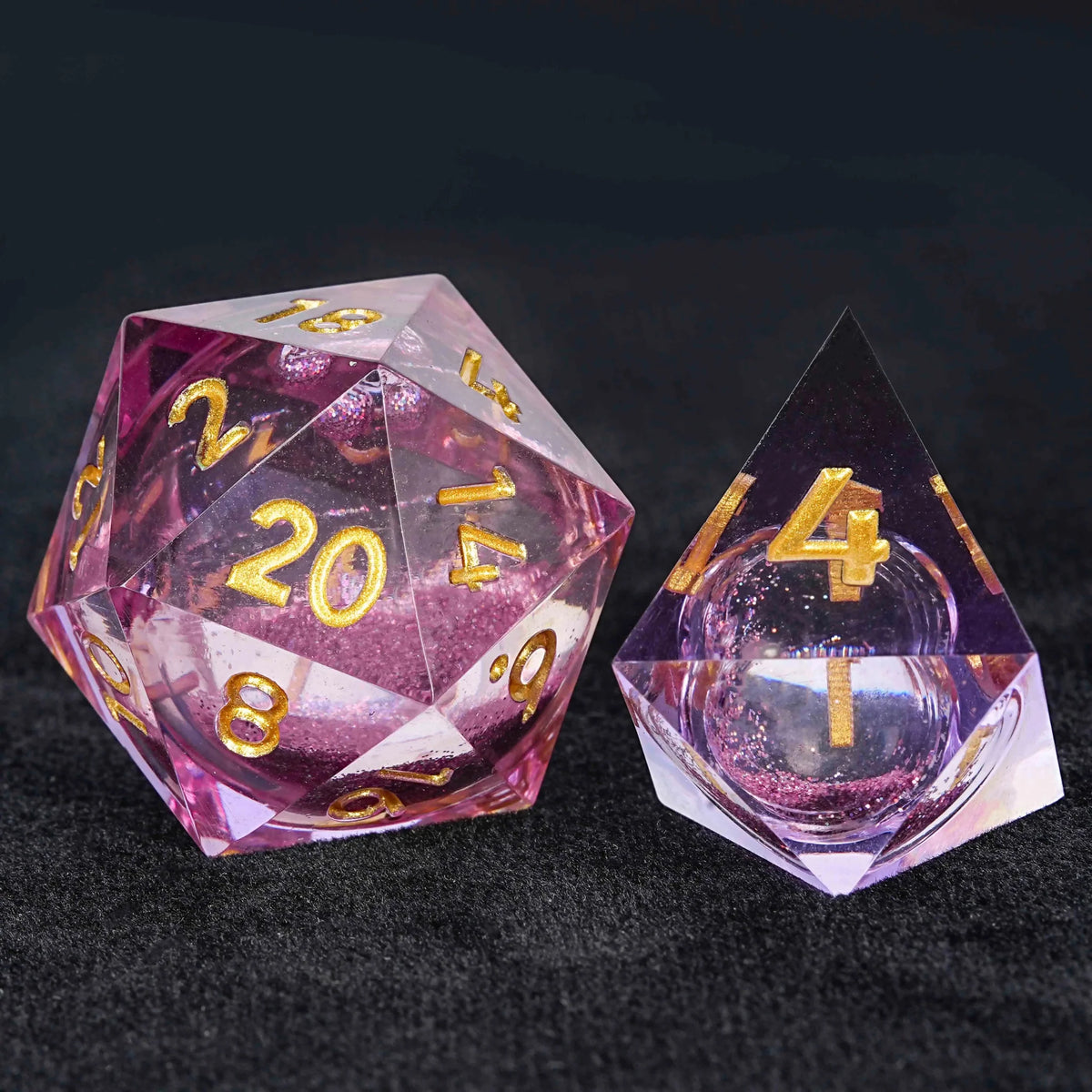 Liquid Core Liquid Core Dice Set – Quicksand – Sharp edge transparent resin purple liquid core D20 dice and D4 dice