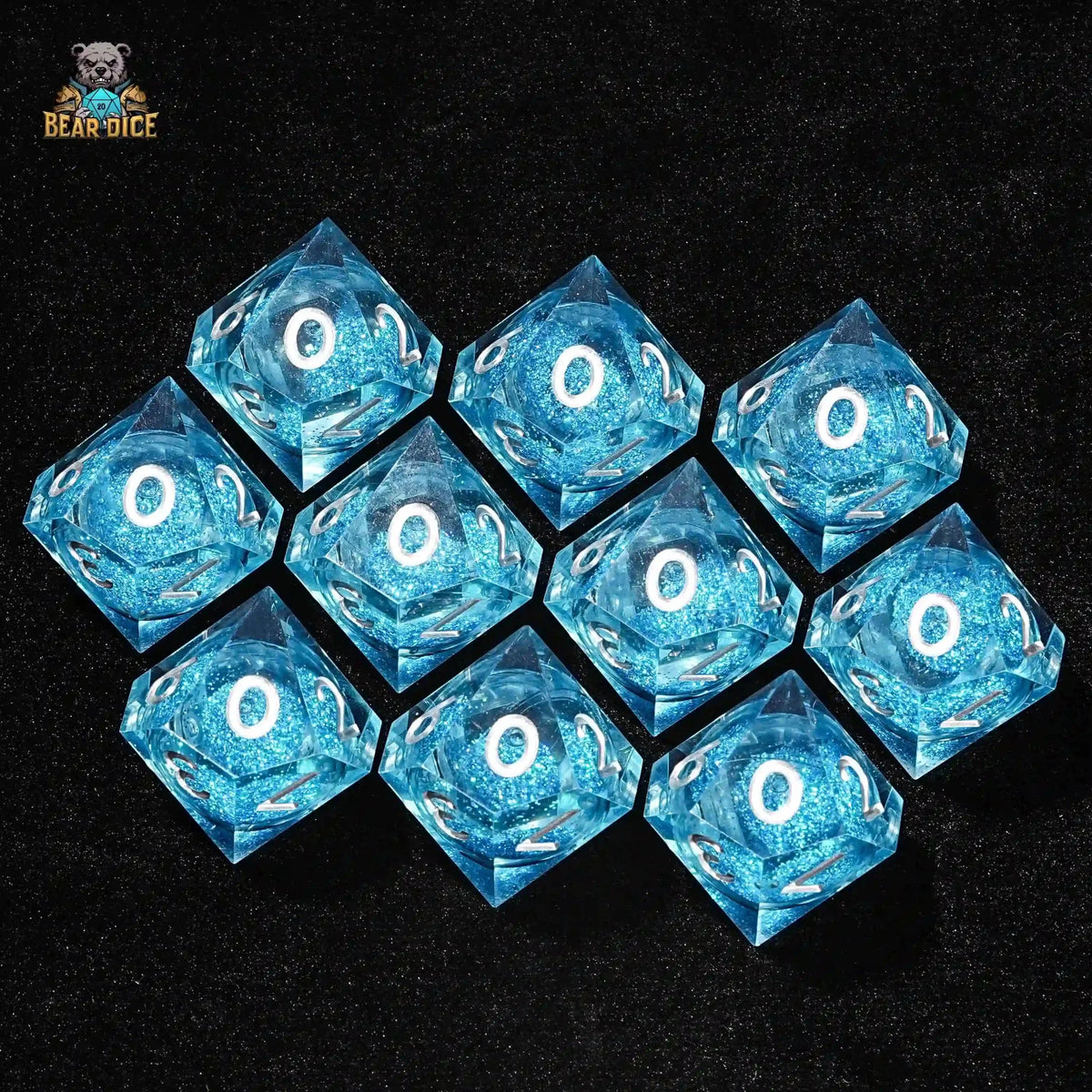 Liquid Core Dice Set – Shining Blue Liquid Core D10 Dice: 10 - Sided Dice Set for Role Playing Games