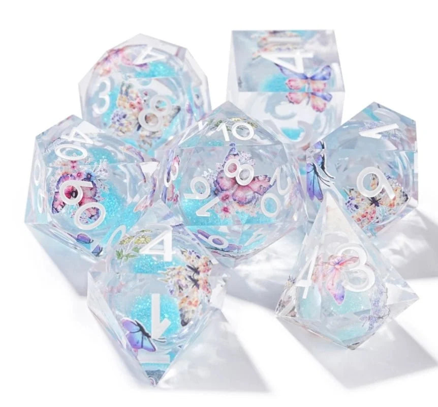 Liquid Core Liquid Core – Quicksand Butterfly – Personalized Design 1 – Blue Quicksand Butterfly Resin Dice Set + White