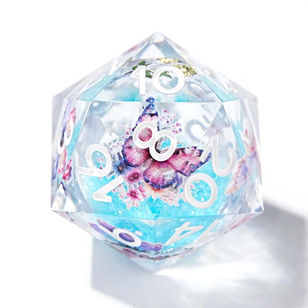 Liquid Core Liquid Core – Quicksand Butterfly – Personalized Design 1 – Blue Quicksand Butterfly Resin Dice Set + White