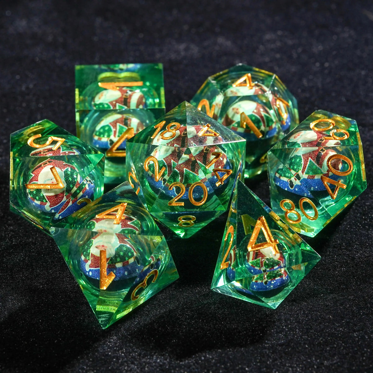 Liquid Core RPG Dice Set – Gold Numbers – Night of Carnival - Green Resin Christmas Kernel Dice Set + Gold Font