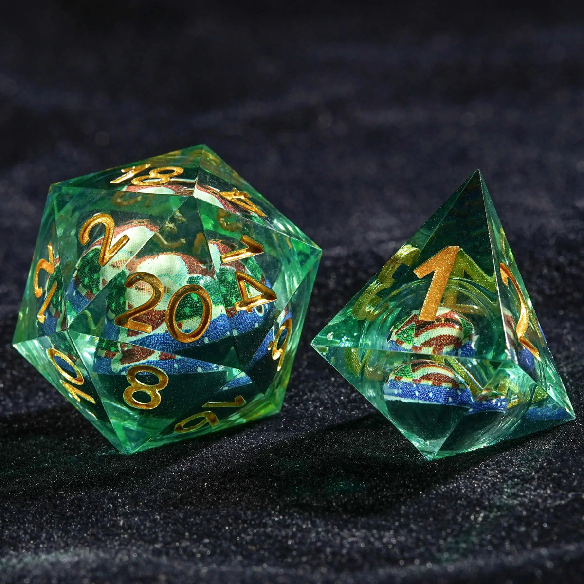 Liquid Core RPG Dice Set – Gold Numbers – Night of Carnival - Green Resin Christmas Kernel Dice Set + Gold Font