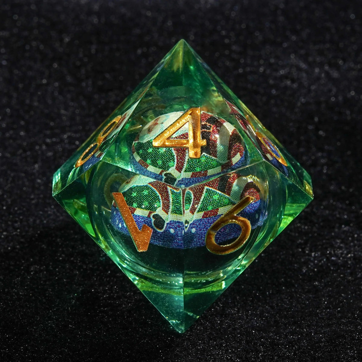 Liquid Core RPG Dice Set – Gold Numbers – Night of Carnival - Green Resin Christmas Kernel Dice Set + Gold Font