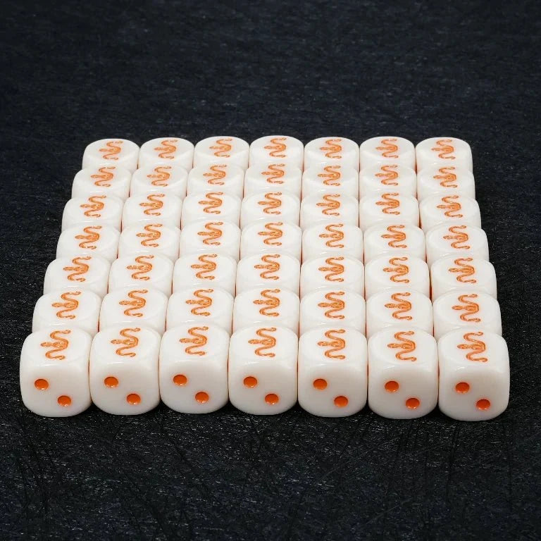 Logo Acrylic D6 Dice Set – Customer case study of a custom logo acrylic D6 die: White opaque acrylic D6 die, logo and