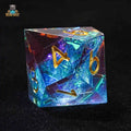 Made Glistening Resin D10 Dice – Gold Numbers – Red and blue translucent resin D10 dice, with glittering sequins inlaid