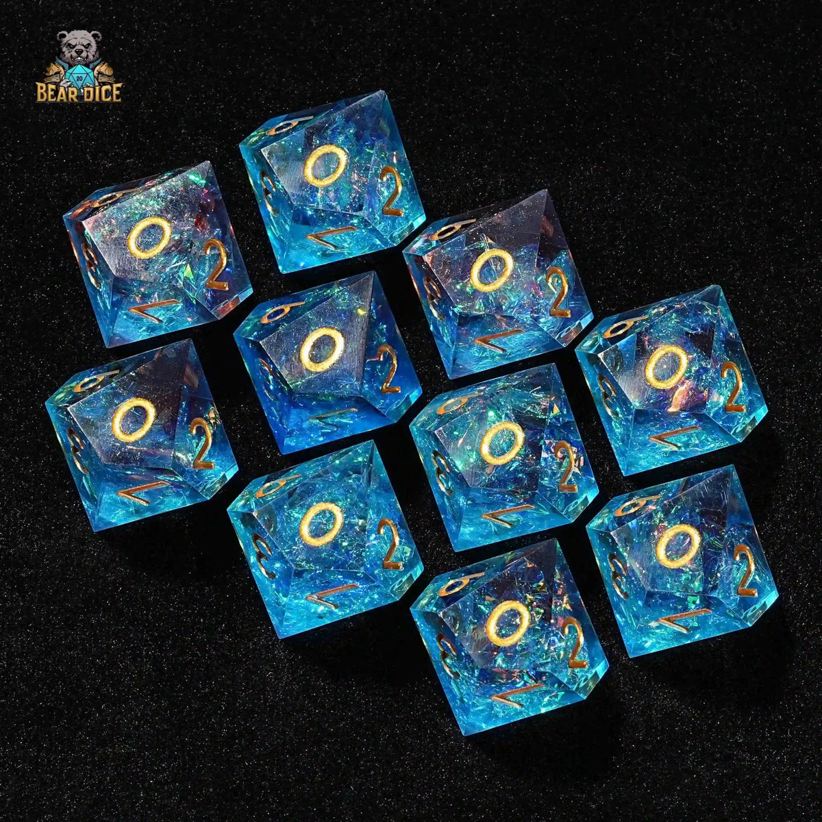 Made Glistening Resin D10 Dice – Gold Numbers – Ten red and blue translucent resin DND D10 dice are neatly placed on