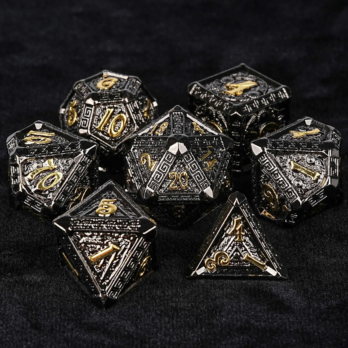 Maya Metal DND Dice Set – Personalized Design – Personalized Design 1 – Black Gold Metal DND Dice Set